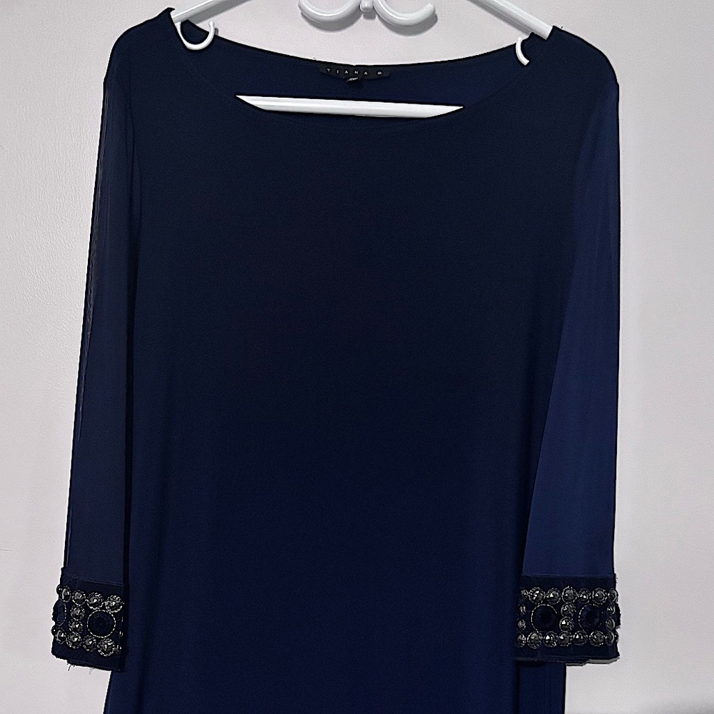 Navy Shift Dress with Embellished Beaded Trim | 3/4 Sleeve Cocktail Party Dress